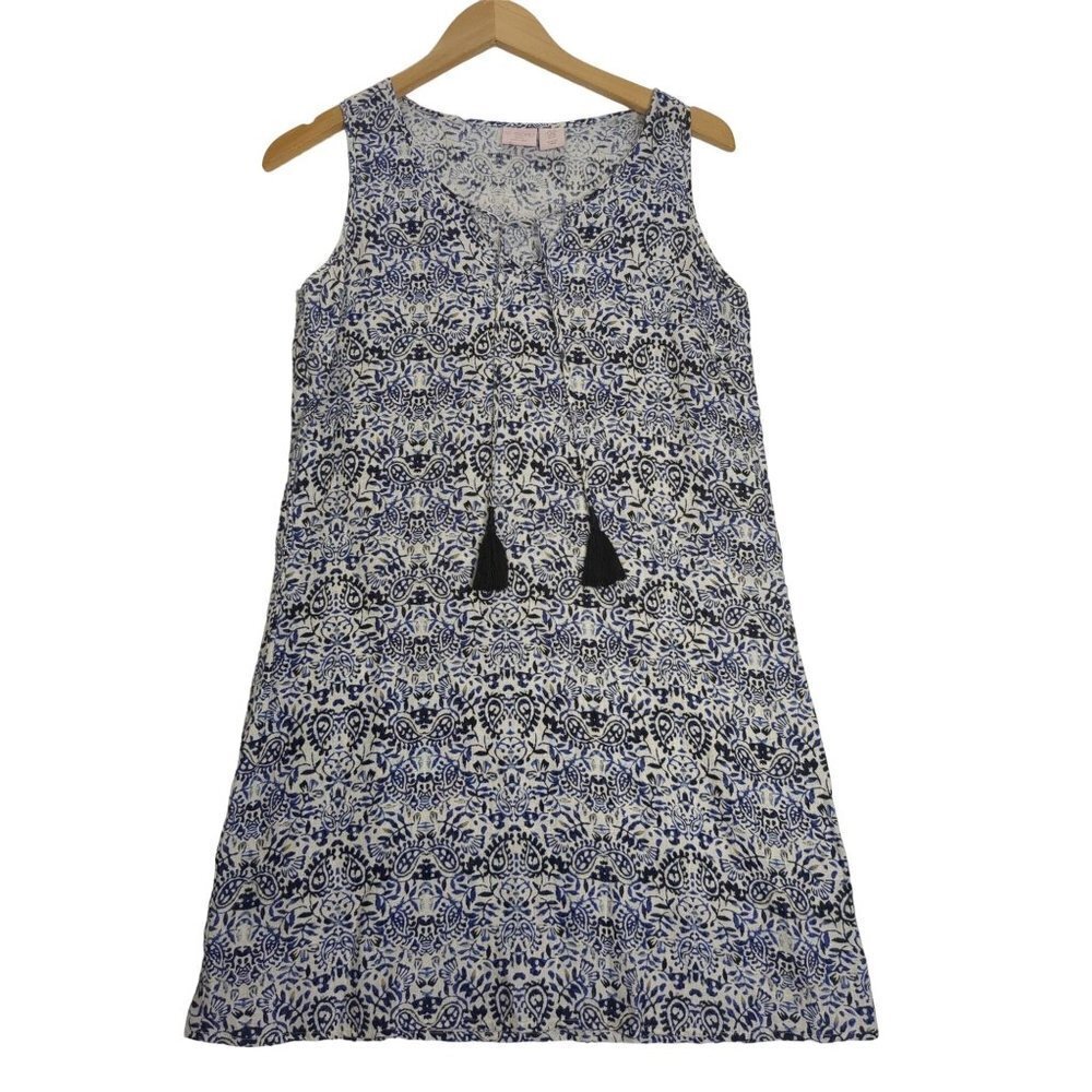 St Tropez West Tunic Dress Womens XS Linen Sleeveless Blue White Floral Paisley